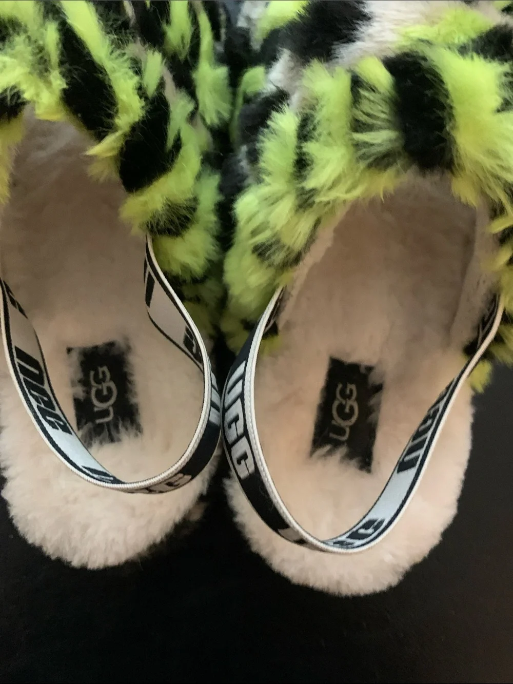 UGG Neon Green Black and Cream Leopard Faux-Fur Slide Sandals, Sz 4, GUC
